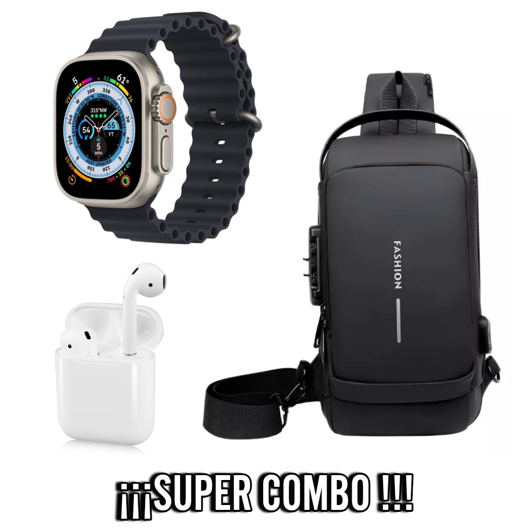 🔥 Super Combo 3-en-1: Reloj T800 Ultra, Audífonos i12 y Bolso de Pecho Antirrobo 'Fashion' (37cm) 🔥